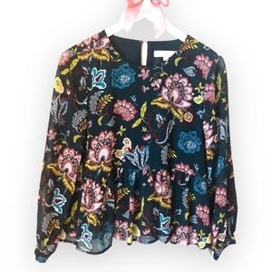 LOFT Blouse Blue Floral Babydoll Peplum Sheer‎ Longsleeve Top Small Petite